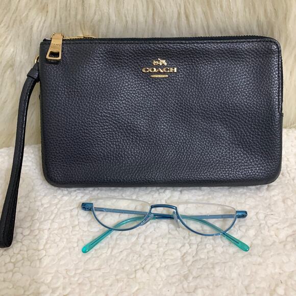 COACH Navy Pebbled Leather Large Double Zip Corner Wallet Wristlet F87587 - Picture 1 of 16